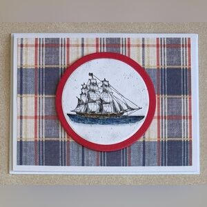 Plaid Background Nautical Ship Greeting Card